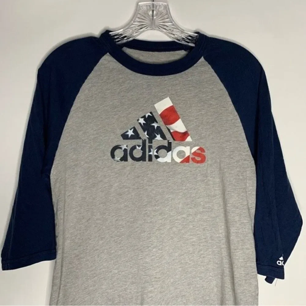 Adidas Blue Gray American Flag 3/4 Sleeve Baseball Graphic Tee Small Mens